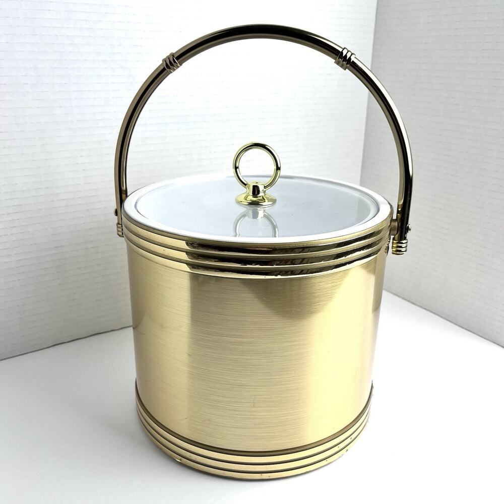 VTG Shelton Designs Brushed Gold Insulated Ice Bucket Metal Handle Lucite Lid US